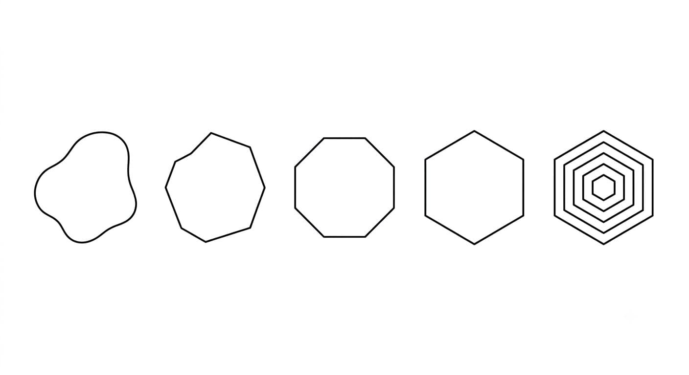 A rough organic shape refining into a precise nested hexagon across five stages
