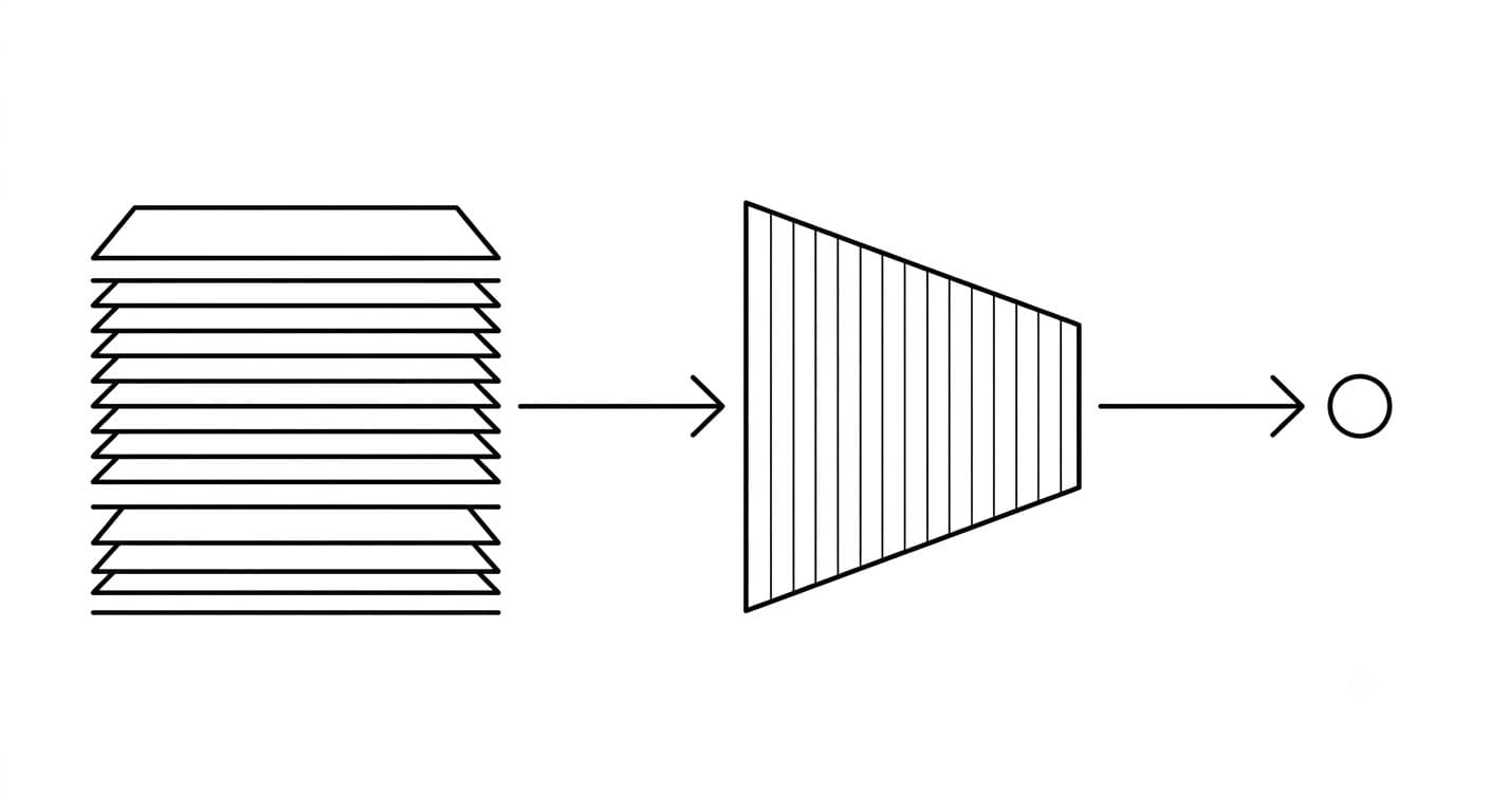 Layered knowledge base flowing through a filter into a single focused output